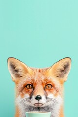 Fototapeta premium Cute fox sips tea calmly. Bright turquoise background enhances charm. Foxy eyes gaze directly at viewer. Playful yet serene mood captured. Ideal for whimsical, cozy, or nature-themed projects