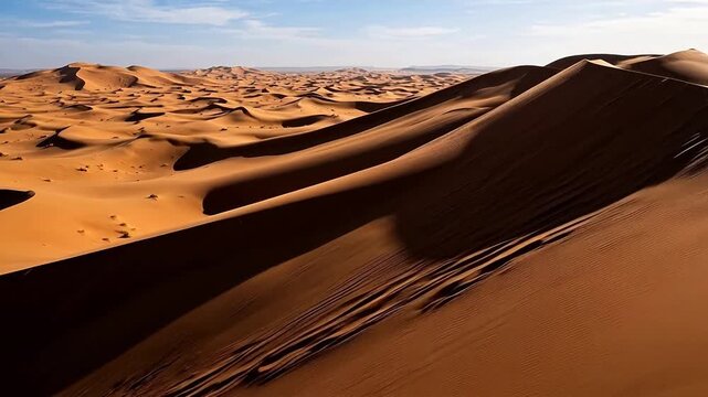 Massive sculptural desert sand dunes casting deep shadows under a harsh afternoon sun, representing the expansion of global desertification.