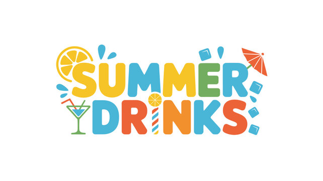 Colorful summer drinks typography with cocktail icons and ice cubes