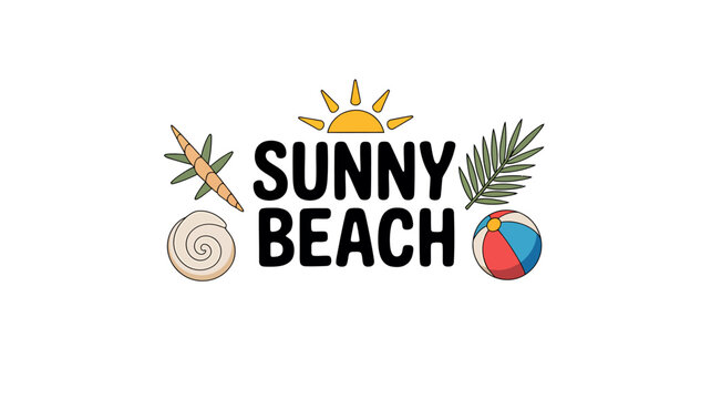 Sunny beach graphic with cartoon sun palm leaf snail beachball and carrot  summer vacation