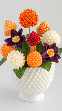 Candy flower bouquet arranged in white hobnail vase