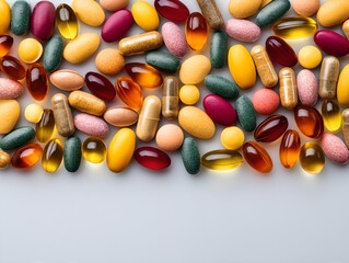 A collection of diverse colorful vitamin and supplement pills scattered
