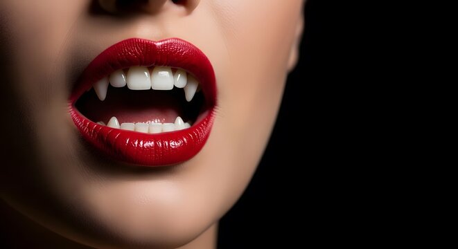 Close up of a woman with vampire fangs and red lipstick