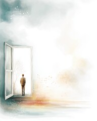Fototapeta premium Person stands by open window looking outside at a scene with trees and light during a calm moment in the day