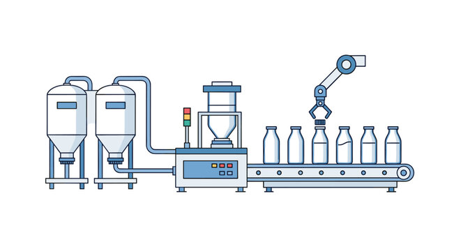 A beverage production line features two blue silos, a filling machine, and a robotic arm placing blue caps onto bottles.
