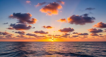 Fototapeta premium Vibrant Sunset Over the Ocean with Dramatic Clouds.