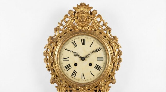 Intricately designed antique gold clock with roman numerals on white face and ornate decorations