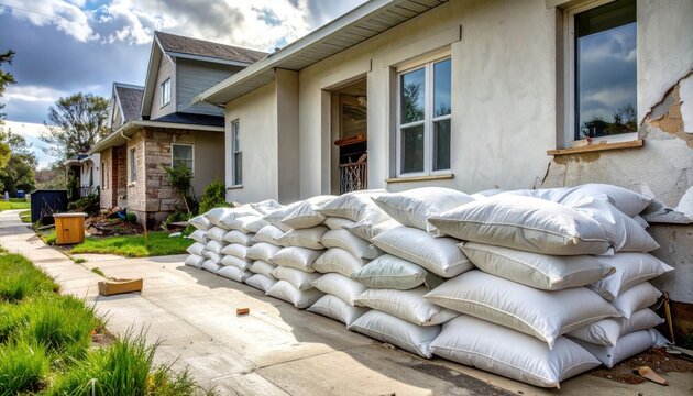 Meticulously stacked sandbags form a protective barrier against the exterior walls of a residential house, ensuring safety and flood prevention during extreme weather events.