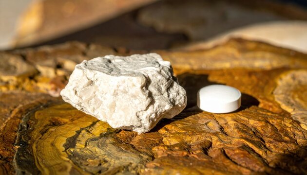 Rough white limestone rock fragment rich in calcium carbonate displayed on a textured natural surface
