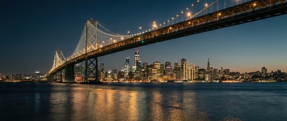 Fototapeta premium Nighttime cityscape of san francisco's bay bridge illuminated against a dusk sky with reflections on water highlighting urban architecture and vibrant city life