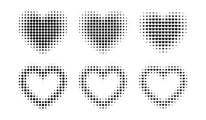 Heart shape frame with halftone dots creates romantic love pattern. Retro gradient effect with manga style texture perfect for Valentines Day designs and digital graphics. © 2olotarev