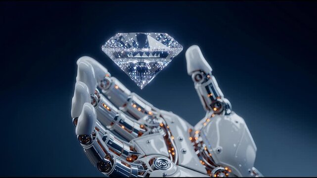Futuristic robotic hand reaching toward levitating glowing diamond on dark blue background