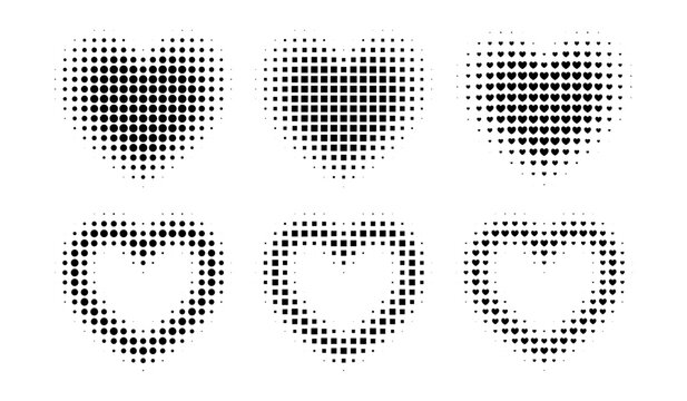 Heart shape frame with halftone dots creates romantic love pattern. Retro gradient effect with manga style texture perfect for Valentines Day designs and digital graphics.