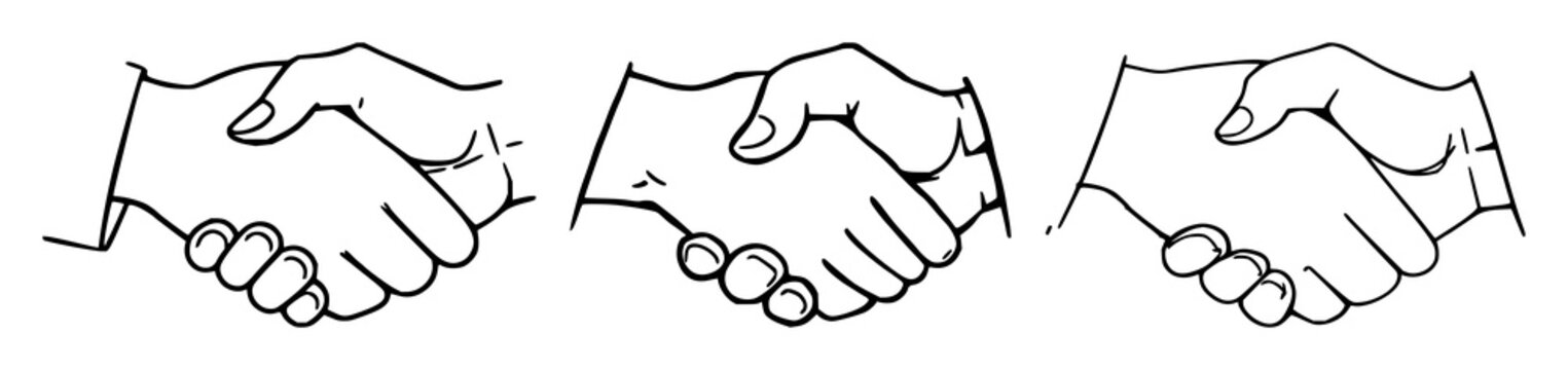 Handshake set with single line hand drawn illustration featuring handshake, agreement, introduction with banner and single line
