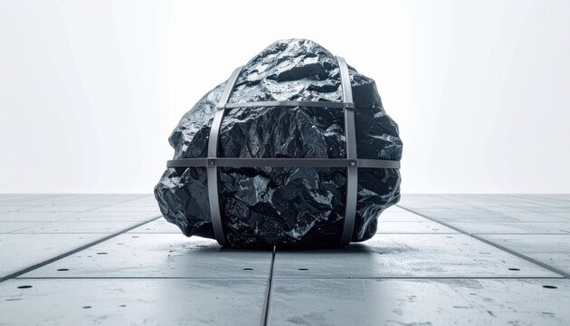 A heavy, dull, dark uranium ore rock, a geological sample, securely contained with metal straps and isolated on a clean, light studio floor.