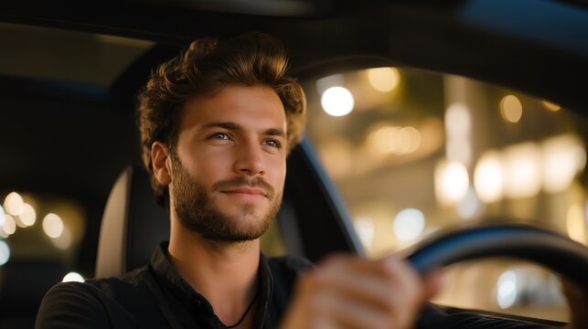 Man sitting in parked car outside party venue, gripping steering wheel, venue lights visible through windshield, evening darkness surrounding, perfect for social fear, avoidance, and contemporary
