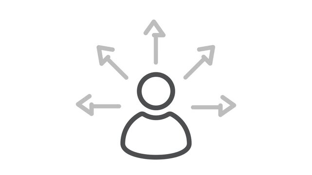 Icon of a person choosing a direction, the right direction, the right answer. Silhouette of a person and arrows around his head in all directions.