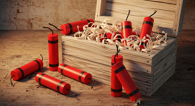 Red dynamite sticks in a rustic wooden chest, representing volatile power and potential danger
