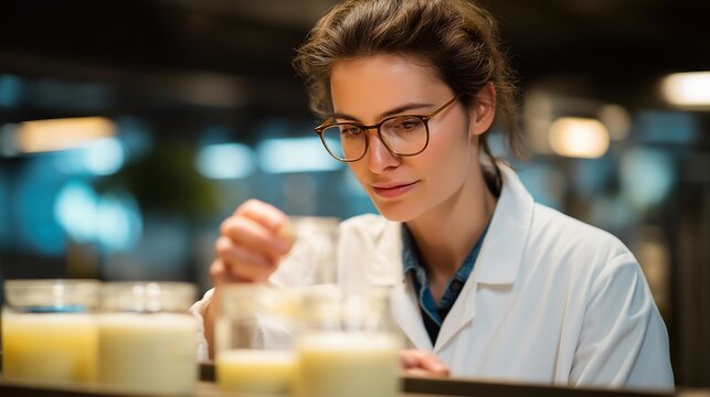 Probiotic yogurt production facility showing fermentation tanks and quality control testing with microbiologist examining bacterial strain cultures and product safety documentation, perfect for