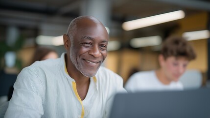 Fototapeta premium Senior man attending computer coding class in bright community center, instructor helping with laptop programming basics beside younger students, ideal for lifelong learning technology education