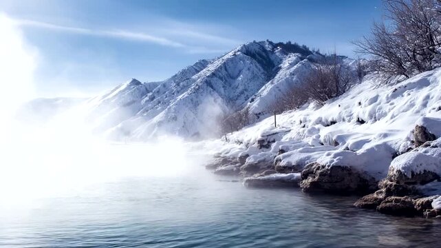 Serene Winter Landscape with Steam and Mountains