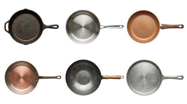 Various kitchen frying pans and skillets isolated on white