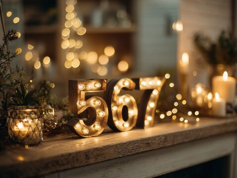 illuminated marquee numbers 567 on wooden surface with warm ambient lighting and soft bokeh effect creating cozy festive atmosphere concept of celebration event decoration