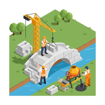 Isometric illustration of bridge construction with workers, crane, and materials.