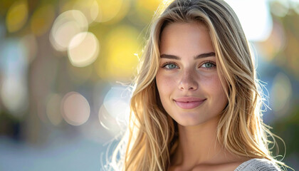 Obraz premium Portrait of young woman with long blonde hair, soft blurred background, gentle natural lighting, relaxed facial expression, subtle smile