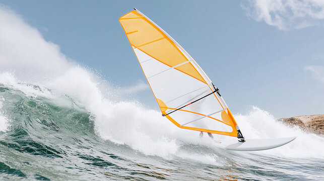 The bow of a yellow windsurf board cuts through a wave near the rocks.