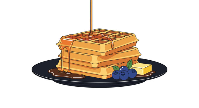 Maple syrup pours over a stack of three golden waffles, accompanied by butter and blueberries, sitting on a dark plate against a white background.