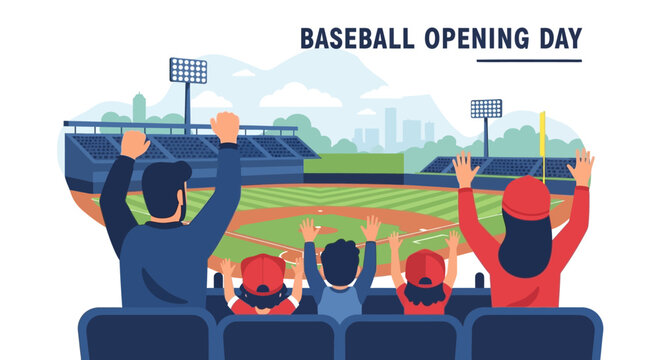 Family and friends cheering at a baseball game on opening day. Vector Illustrations. EPS Editable