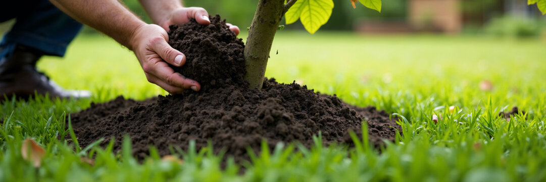 Gardener hands spreading organic mulch around a young tree trunk. Close up of planting and soil maintenance in a garden. Tree care and growth concept