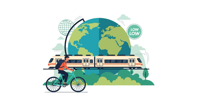 Sustainable urban transport concept with tram and cyclist. Vector Illustrations. EPS Editable