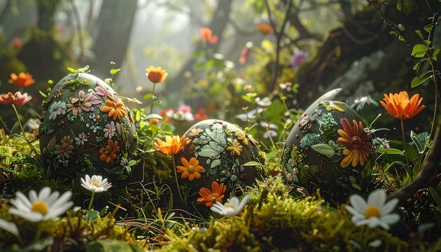 Three floral and moss-covered decorative eggs nestled on a vibrant, sunlit forest floor, surrounded by wildflowers, embodying the spirit of spring and natural beauty