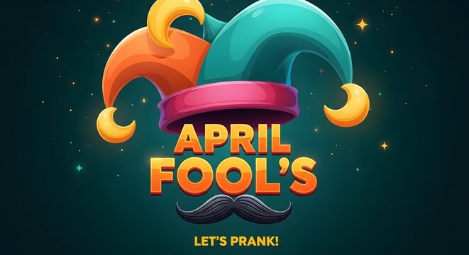April fool's day graphic with jester's hat and prank message