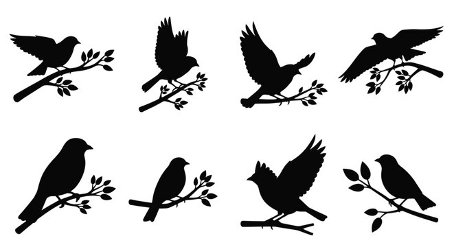 Birds perched on branches depicted in a striking black silhouette