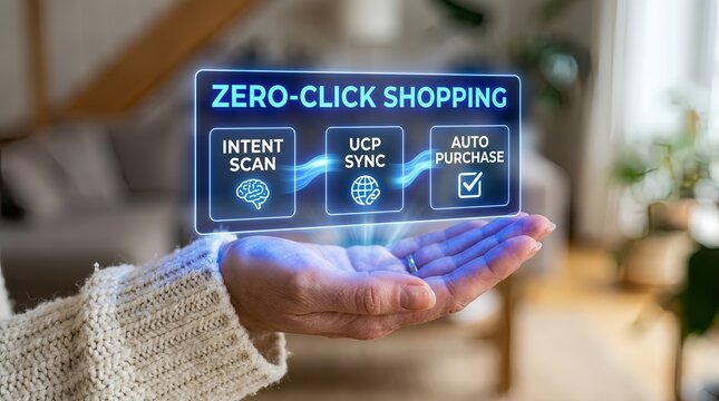 Hand holding zero click shopping interface with intent scan, UCP sync, and auto purchase options