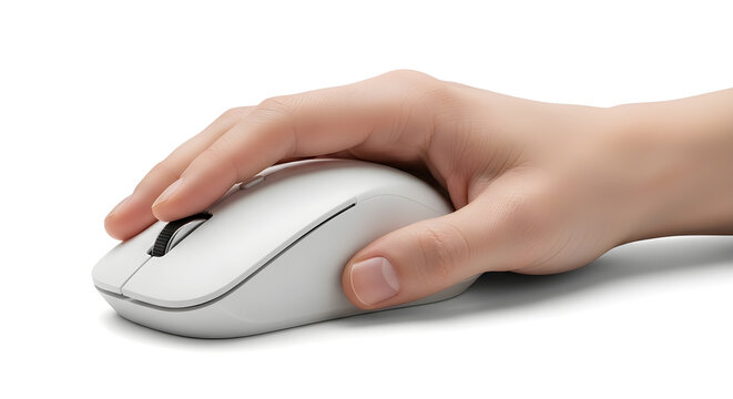 Close-up studio shot of a human hand comfortably holding a sleek, modern white wireless computer mouse, emphasizing ergonomic design and seamless digital interaction for work and productivity