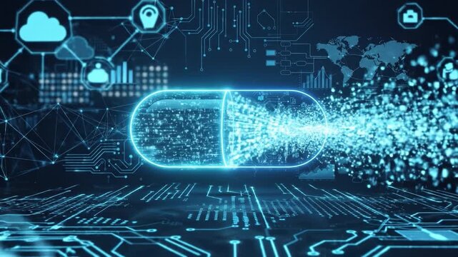 Digital capsule technology data flow futuristic medicine healthcare innovation network cloud virtual hologram glowing electronic interface science connection abstract particle system communication