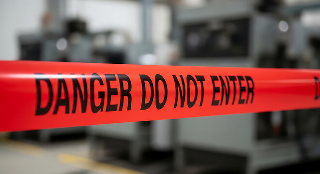 Red tape warning that reads DANGER DO NOT ENTER across blurred industrial machinery background