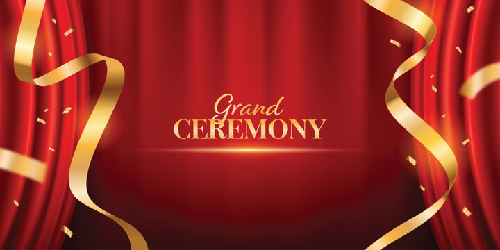 Grand ceremony opening red golden luxury with curtain open and  confetti. modern business elegant promotional design.