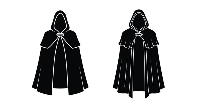 Two hooded figures in capes a striking black shape silhouette