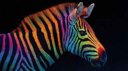 Fototapeta premium Zebra head displaying multicolor stripes on black background