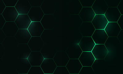 Naklejka premium Dark green hexagonal grid glowing over abstract background, sleek neon highlights and subtle ambient glow, minimal circuitry accents and scattered data nodes, network visualization suggesting secure