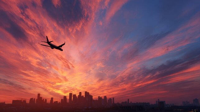 Airplane silhouetted flying over city skyline at sunset