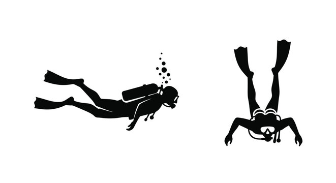Two scuba divers in dynamic poses depicted as a bold silhouette
