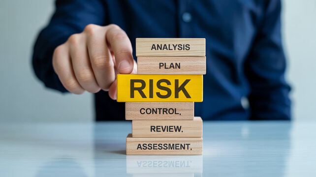 A person carefully places a yellow wooden block labeled RISK into a tower of strategic business words like analysis plan control review and assessment