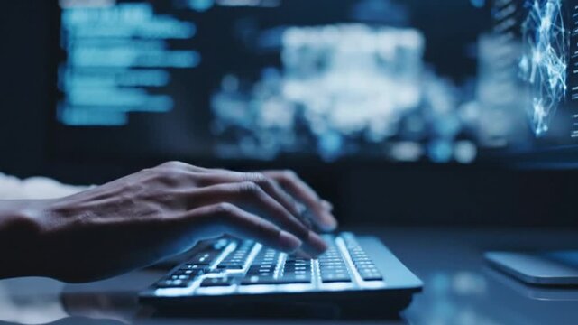 Close-up of hands typing on a keyboard while graphics and soft lights reflect on the screen, dark environment with soft bluish lighting, focus on technology and artificial intelligence.