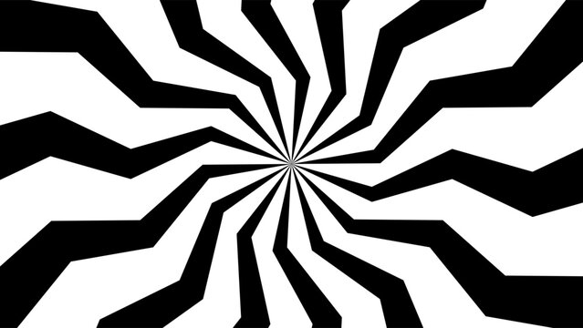 Optical illusion with radial black and white zigzag patterns creating hypnotic spiral effect. Bold geometric background with sharp lines and psychedelic burst design.